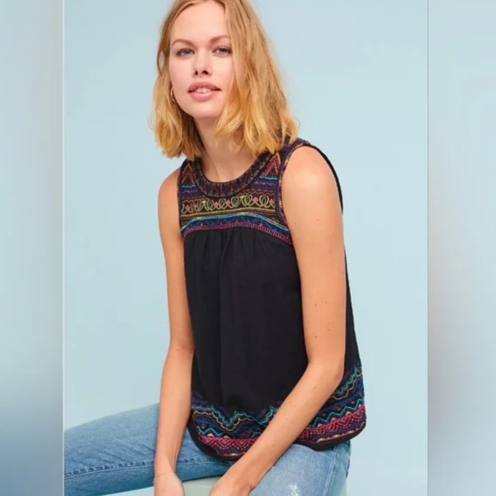 Anthropologie Black Embroidered Sleeveless Boho Blouse Top Size 2